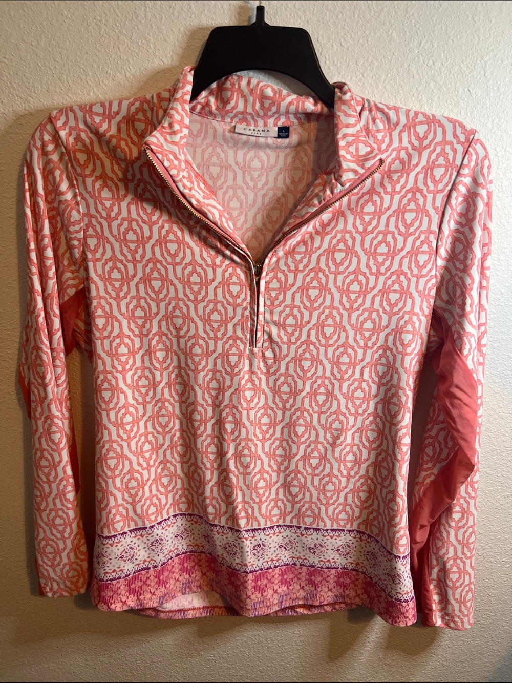 Cabana Life Coral-Pink Geometric Quarter-Zip Top